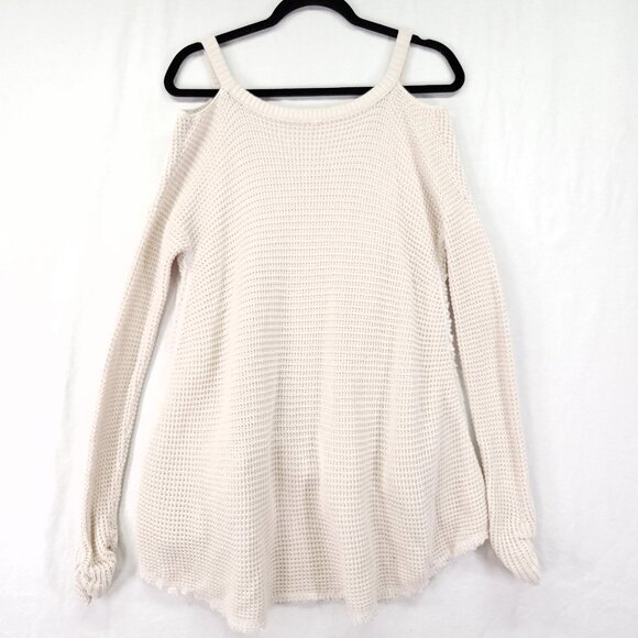 Free People Cold Shoulder Top Women's Small Ivory Raw Fringe Boho Waffle Sweater - Picture 3 of 12